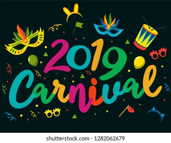 Popular Event in Brazil. Festive Mood. Carnaval Title With Colorful Party Elements. Travel destination. Brazilian Rythm, Dance and Music. Logo print. Carnival background