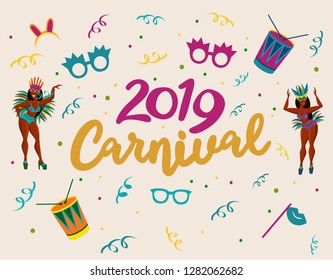 Popular Event in Brazil. Festive Mood. Carnaval Title With Colorful Party Elements. Travel destination. Brazilian Rythm, Dance and Music. Logo print. Carnival background