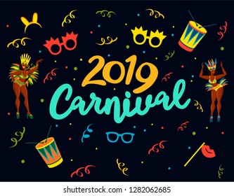 Popular Event in Brazil. Festive Mood. Carnaval Title With Colorful Party Elements. Travel destination. Brazilian Rythm, Dance and Music. Logo print. Carnival background