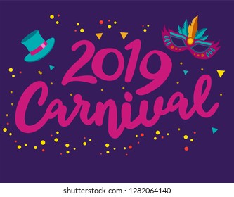 Popular Event in Brazil. Festive Mood. Carnaval Title With Colorful Party Elements. Travel destination. Brazilian Rythm, Dance and Music. Logo print. Carnival background