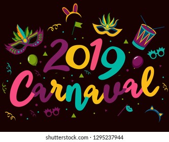 Popular Event in Brazil. Festive Mood. Carnaval Title With Colorful Party Elements. Travel destination. Brazilian Rythm, Dance and Music. Logo print. Carnival background. Carnaval mood.