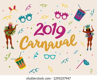 Popular Event in Brazil. Festive Mood. Carnaval Title With Colorful Party Elements. Travel destination. Brazilian Rythm, Dance and Music. Logo print. Carnival background. Carnaval mood.