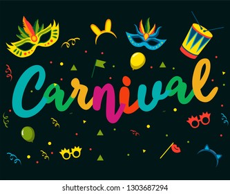 Popular Event in Brazil. Festive Mood. Carnaval Title With Colorful Party Elements. Travel destination. Brazilian Rythm, Dance and Music. Logo print. Carnival background. Carnaval mood.