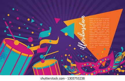 Popular Event in Brazil. Festive Mood. Carnaval Title With Colorful Party Elements With Lorem Ipsum Text. Travel destination. Brazilian Rythm, Dance and Music.