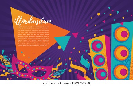 Popular Event in Brazil. Festive Mood. Carnaval Title With Colorful Party Elements With Lorem Ipsum Text. Travel destination. Brazilian Rythm, Dance and Music.