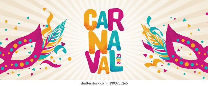 Popular Event in Brazil. Festive Mood. Carnaval Title With Colorful Party Elements. Travel destination. Brazilian Rythm, Dance and Music.
