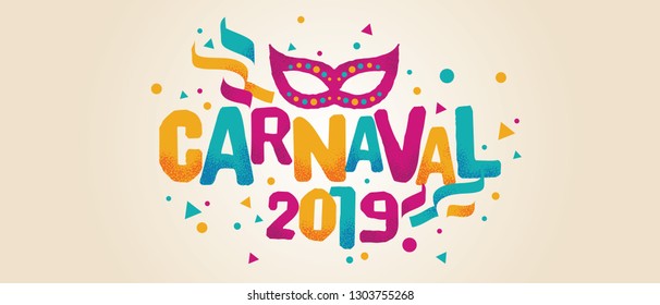 Popular Event in Brazil. Festive Mood. Carnaval Title With Colorful Party Elements. Travel destination. Brazilian Rythm, Dance and Music.