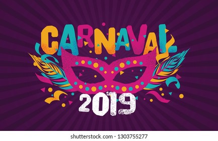 Popular Event in Brazil. Festive Mood. Carnaval Title With Colorful Party Elements. Travel destination. Brazilian Rythm, Dance and Music.