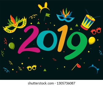 Popular Event in Brazil. Festive Mood. Carnaval Title With Colorful Party Elements. Travel destination. Brazilian Rythm, Dance and Music. Logo print. Carnival background. Carnaval mood.