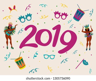 Popular Event in Brazil. Festive Mood. Carnaval Title With Colorful Party Elements. Travel destination. Brazilian Rythm, Dance and Music. Logo print. Carnival background. Carnaval mood.