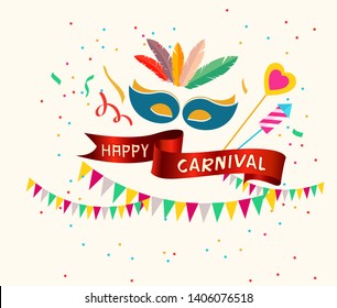 Popular Event in Brazil. Festive Mood. Carnaval Title With Colorful Party Elements Saying Come to Carnival. Travel destination. Brazilian Rythm, Dance and Music. - Vector