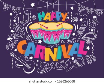 Popular Event in Brazil. Festive Mood. Carnaval Title With Colorful Party Elements Saying Come to Carnival. Travel destination. Brazilian Rythm, Dance and Music.