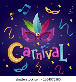 Popular event in Brazil. Festive mood. Carnival title with colorful party elements saying Come to the carnival. Travel destination. Brazilian Rhythm, Dance and Music.