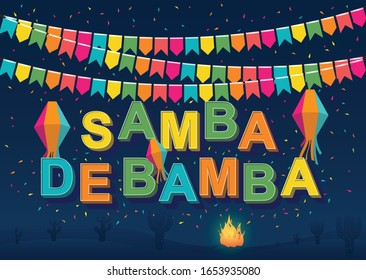 Evento popular en Brasil.Modo festivo. Carnaval Con Coloridos Elementos Del Partido Diciendo Samba Experta. Arte Vector Tipográfico Festivo Con Luz Retro Fuente, Confetti.