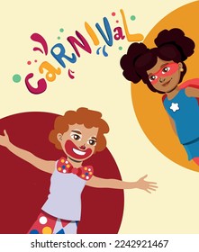 Popular event in Brazil. Festive mood. Carnival title with colorful party elements saying Come to Carnival. Costumed children, Dressing up for party, carnival.