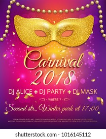 Popular Event Invitation to Brazil Carnival in South America Summer holiday. Background With Golden sparkly Party Mask and beads chaplet. Masquerade Concept. Vector Illustration EPS10