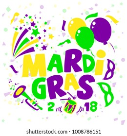 	
Popular event Mardi Gras title with colorful party elements. Vector illustration.
