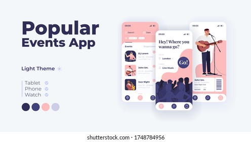 Popular events app cartoon smartphone interface vector templates set. Mobile app screen page day mode design. Recreation planner system UI for application. Phone display with flat character