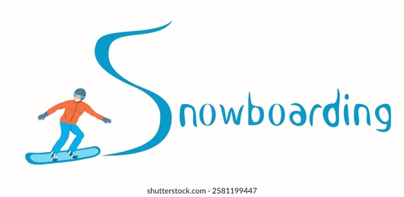 Popular Extreme Winter Sport. Snowboarder in helmet does tricks, stunts. Snowboarding typography style. Vector illustration on white background. 