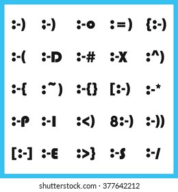 Popular facial expression font type character faces, emoticons and thick icons set on white background