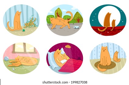 Popular family scenes. A cat and a kitten - playing, carrying the tiny one home from the park, watching the moon, resting, reading a book, and arguing. Eight EPS10 illustrations.