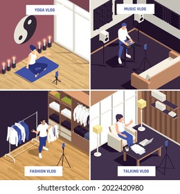 Popular fashion blogger live presentation relaxation yoga and music vloggers talking show streaming isometric compositions vector illustration