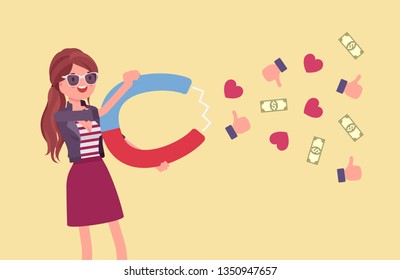 Popular female blogger attracting audience as magnet. Young happy girl writes material for a blog, marketing, social media texts with powerful attraction, earns money and success. Vector illustration