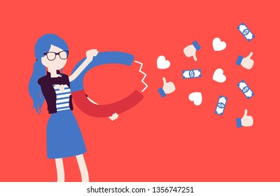 Popular female blogger attracting audience as magnet. Young happy girl writes material for blog, marketing, social media texts with powerful attraction, earns. Vector illustration, faceless characters