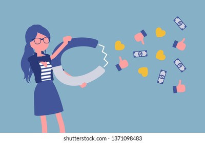 Popular female blogger attracting audience as magnet. Girl writes material for blog, marketing, social media texts powerful attraction, earns money, success. Vector illustration, faceless character