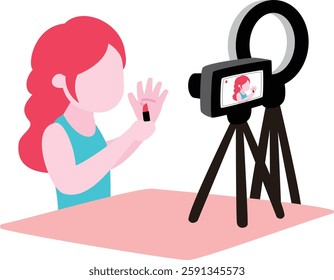 A popular female streamer is filming a makeup video in front of the camera_Behind the scenes illustration of an influencer's stream