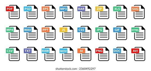  Popular File type icon set. Сollection of File formats icon.PSD,SVG,CSS,PNG,EPS,ZIP,DOC,MOV and many others file icon. svg