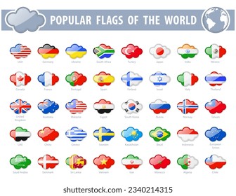 Popular flags of the world. Cloud Glossy Icons. Vector illustration.