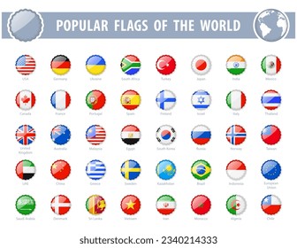 Popular flags of the world. Round Glossy Icons. Vector illustration.