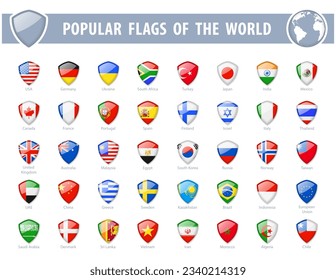 Popular flags of the world. Shield Glossy Icons. Vector illustration.