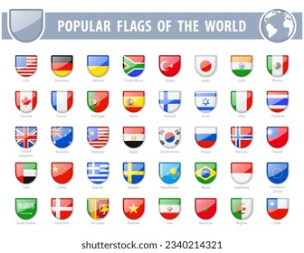 Popular flags of the world. Shield Glossy Icons. Vector illustration.