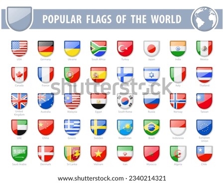 Popular flags of the world. Shield Glossy Icons. Vector illustration.