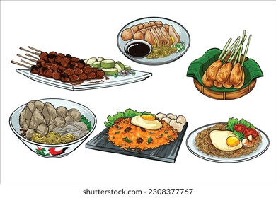 Popular food hand drawn collection with indonesia food