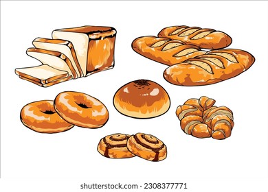 Popular food hand drawn collection with some bread