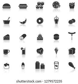 Popular food icons with reflect on white background, stock vector
