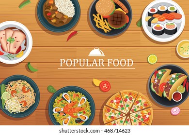 popular food on a wooden background.Vector popular food top 