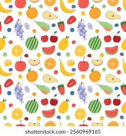 Popular fruits and berries pattern. Banana, apple, orange, watermelon, pear, grape, strawberry, lemon, cherry, berries. Handdrawn vector Image