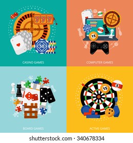 Popular gambling games of fortune entertainment casino poster with 4 flat icons composition abstract isolated vector illustration