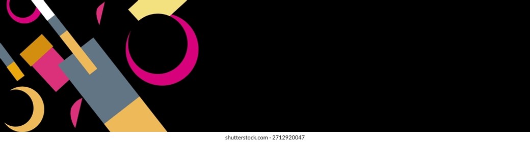 Beliebter geometrischer abstrakter Hintergrund Schwarzer Hintergrund mit gelben, grauen, roten und weißen Mustern.
