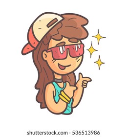 Popular Girl In Cap, Choker And Blue Top Hand Drawn Emoji Cool Outlined Portrait