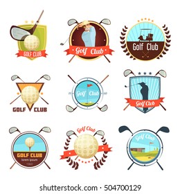 Popular golf clubs retro style labels collection with bag ball and player on course isolated vector illustration  