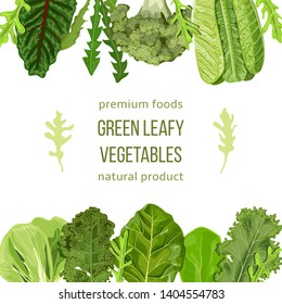 Popular Green leafy vegetables card template. Vegetable frame top and bottom. text, copt space. Spinach, Dandelion, broccoli, Romaine Lettuce, kale, Collard. for cooking, bakery labels textile cards