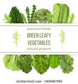Popular Green leafy vegetables. Label set with text on stripe. text, copt space. farm fresh Spinach, Dandelion, broccoli, Romaine Lettuce, kale, Collard. Can be used for cooking, bakery, tags labels t