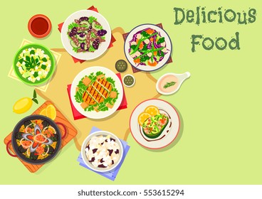 Popular grilled chicken salad with cheese, avocado stuffed with shrimp salad, thai beef salad, vegetable bean , seafood paella with pasta, potato egg and baked cauliflower salad