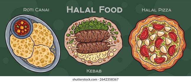 Popular Halal Cuisine Set. Hand-drawn vector illustration on a dark background.