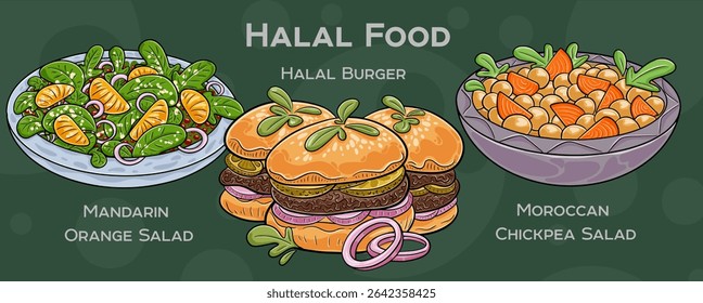 Popular Halal Cuisine Set. Hand-drawn vector illustration on a dark background.